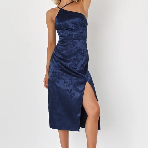 Lulus Desirable Dream Satin Jacquard Halter Neck Midi Dress - Picture 2 of 6